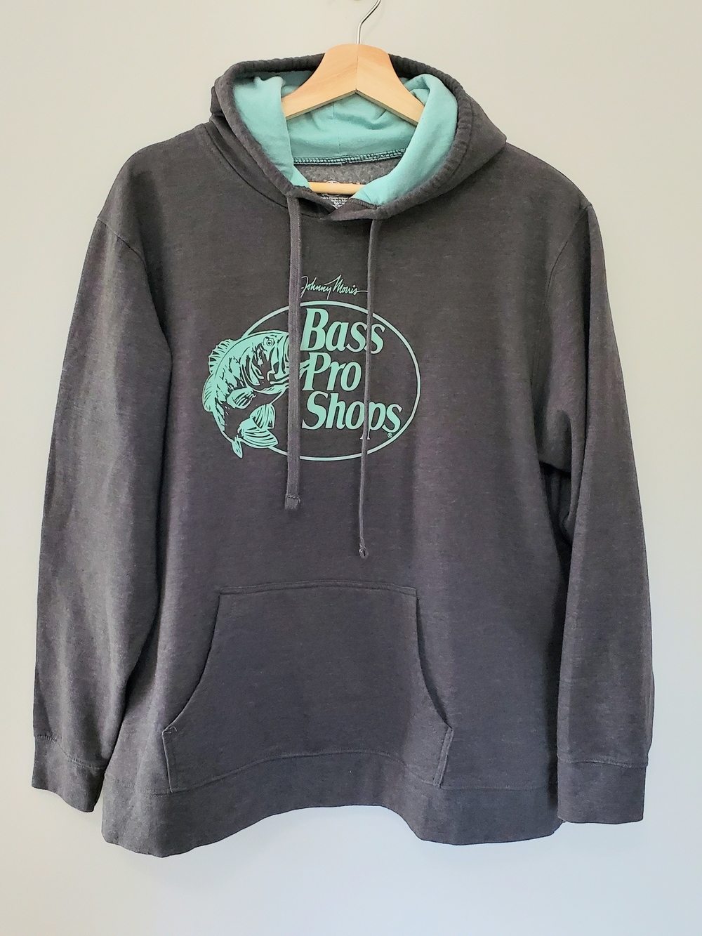 Bass Pro Shops Johnny Morris Women's Charcoal Gray Hoodie Mint Logo Sz XL EUC